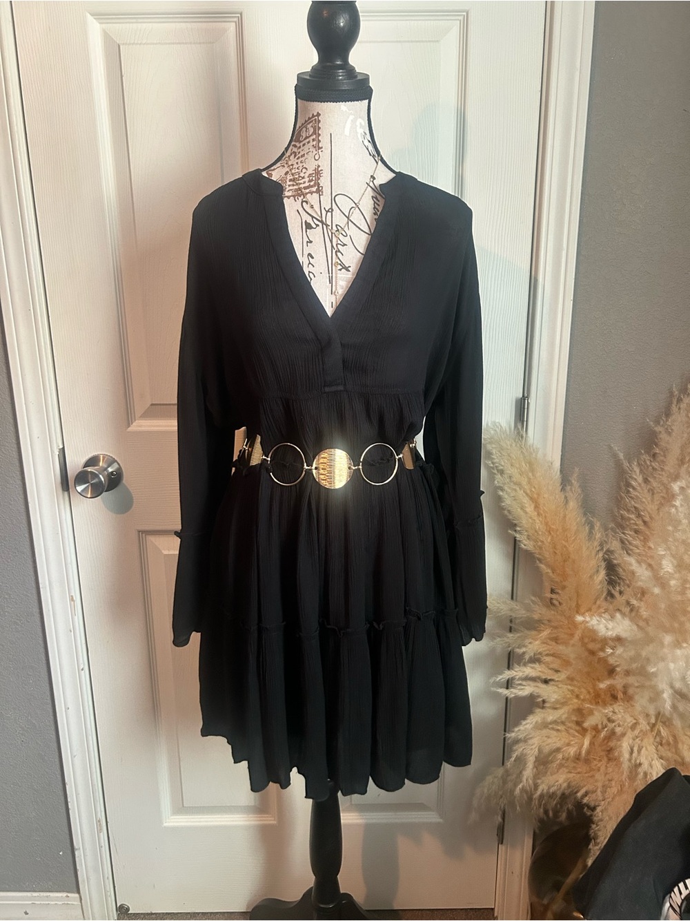 SENSEA Black V-Neck Long Sleeve Tiered Dress with Gold Accent Belt